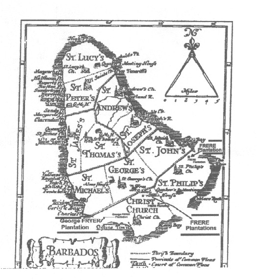 A VERY OLD MAP OF BARBADOS SHOWING SOME PLANTATIONS